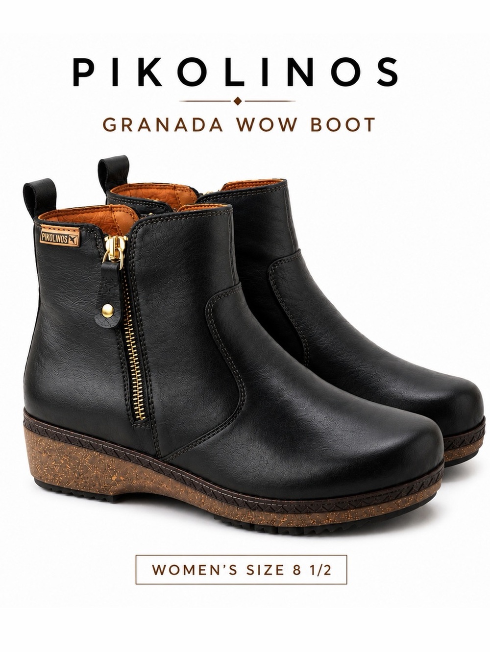 Pikolinos Granada Wow Boots 8.5 Black Leather Wedge Zip Comfort Boot